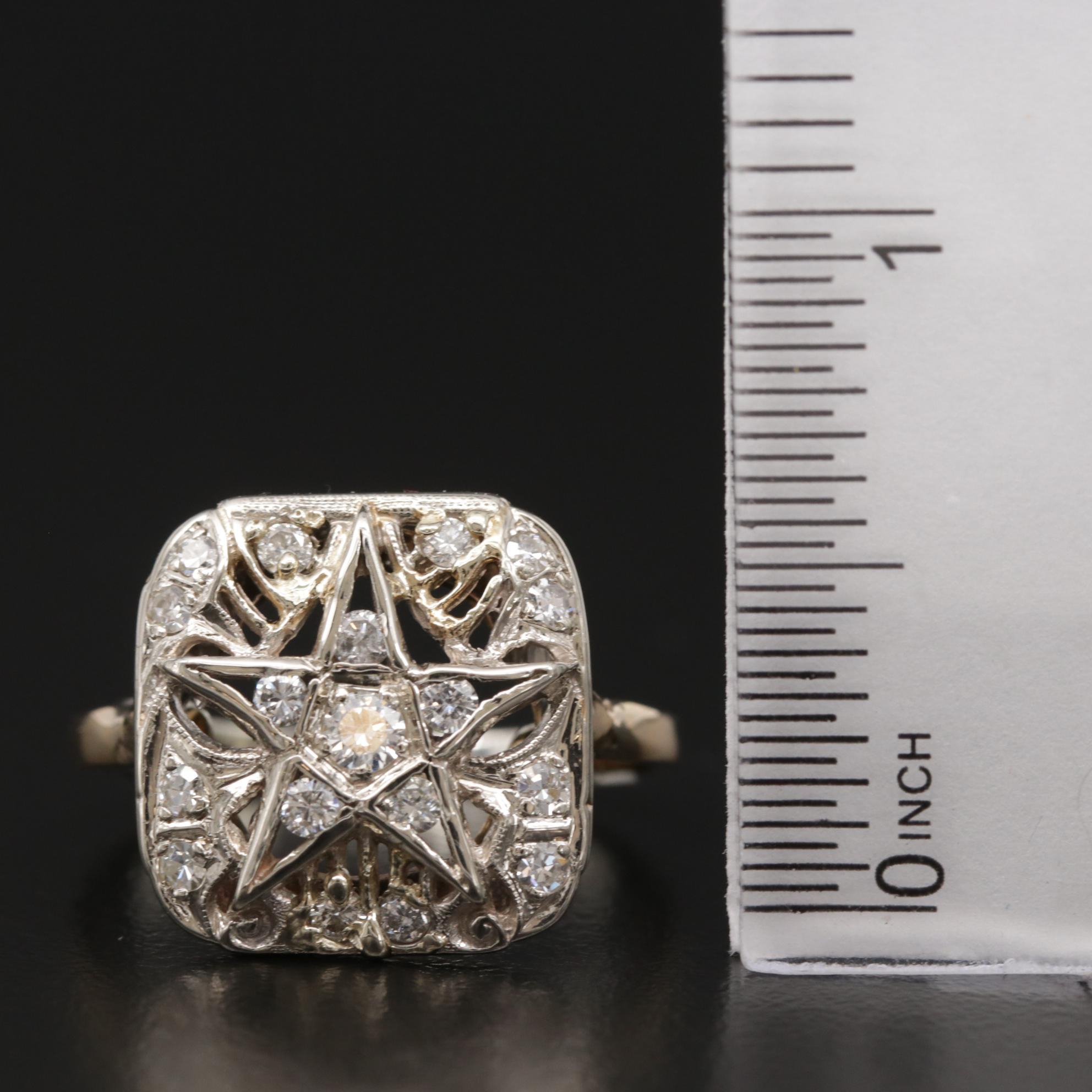 Vintage 14K Yellow and White Gold Diamond Eastern Star Ring