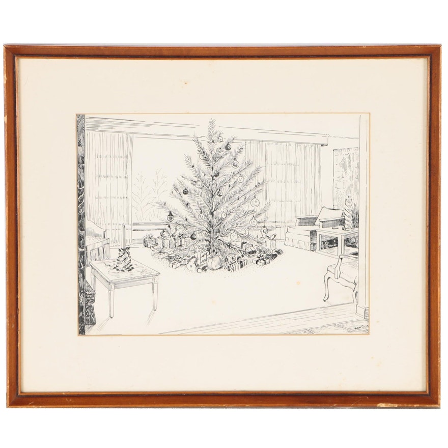 Ken Ozier Pen and Ink Holiday Interior Drawing, circa 1958