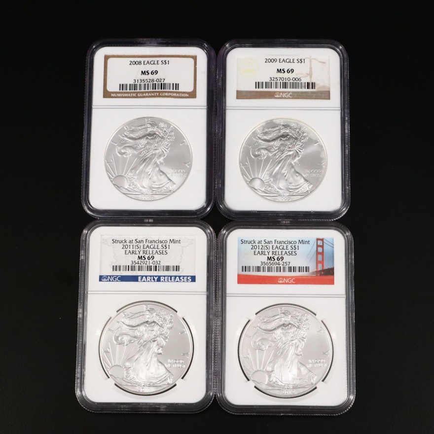 Four NGC Graded $1 U.S. Silver Eagles Including 2008, 2009, 2011-S, and 2012-S