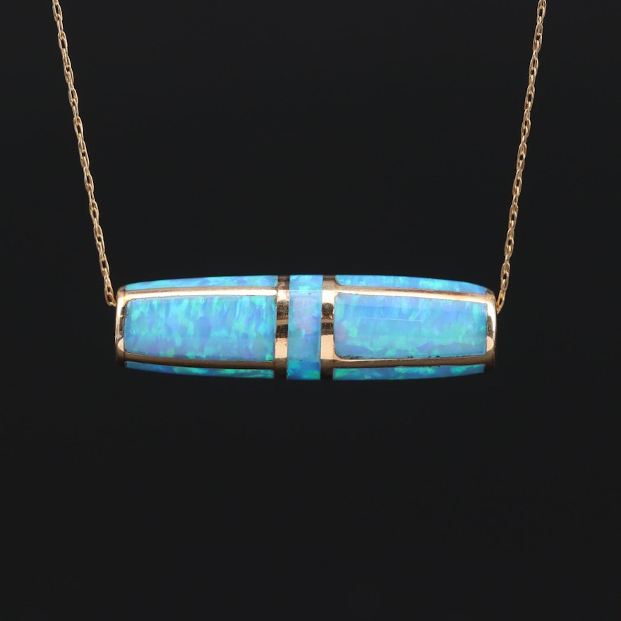 10K Yellow Gold Opal Inlay Pendant Necklace