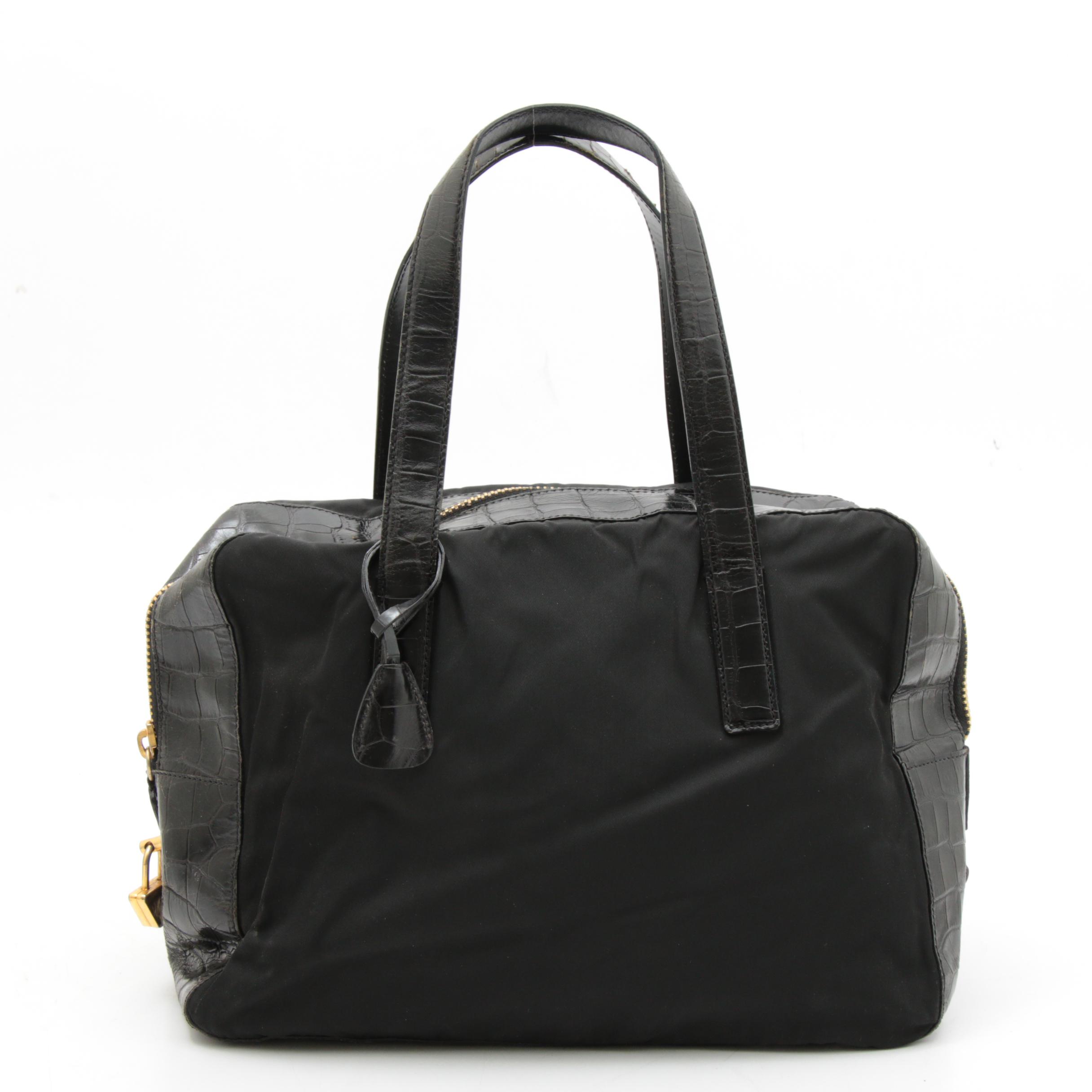 Prada Black Tessuto Nylon and Croc Embossed Leather Top Handle Bag