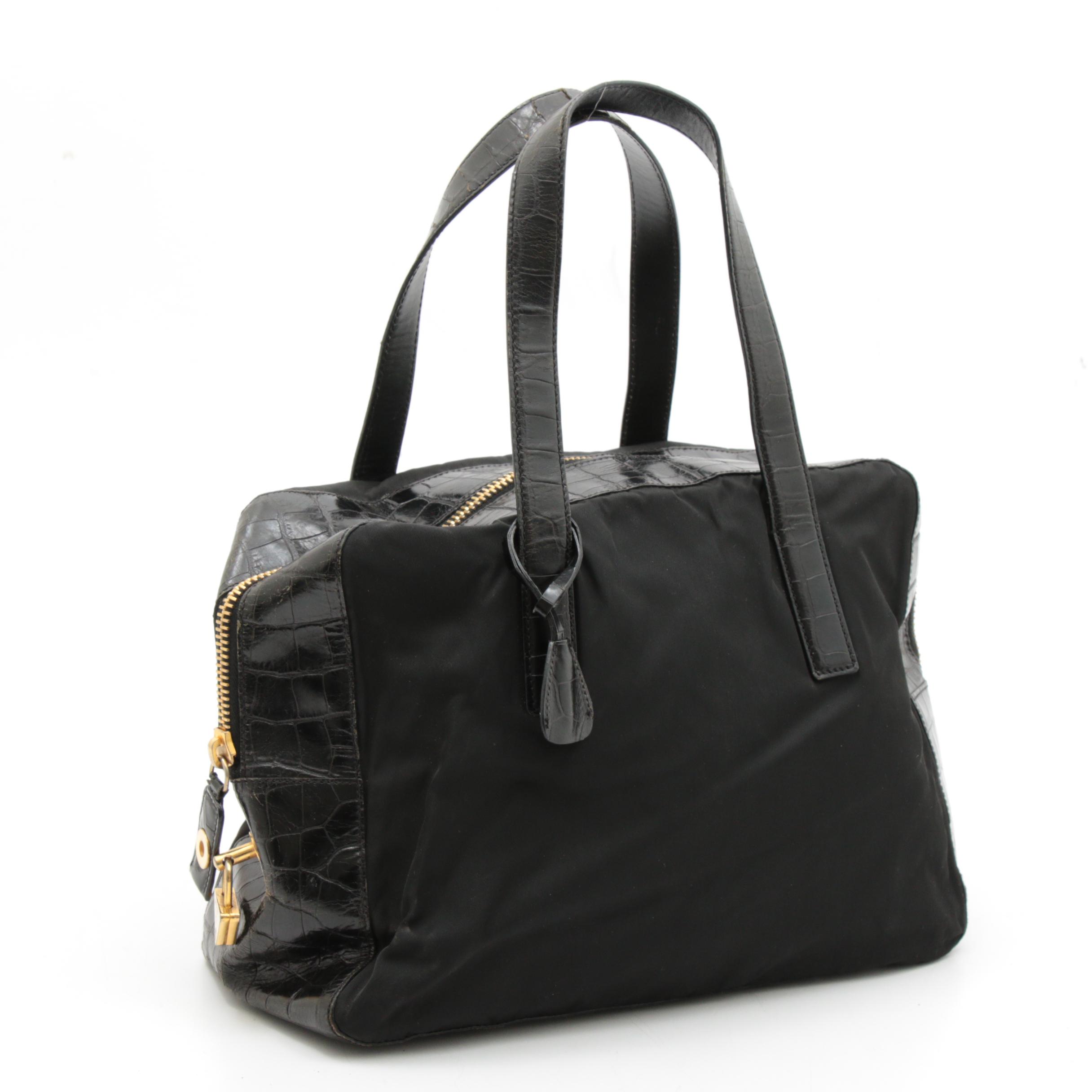 Prada Black Tessuto Nylon and Croc Embossed Leather Top Handle Bag
