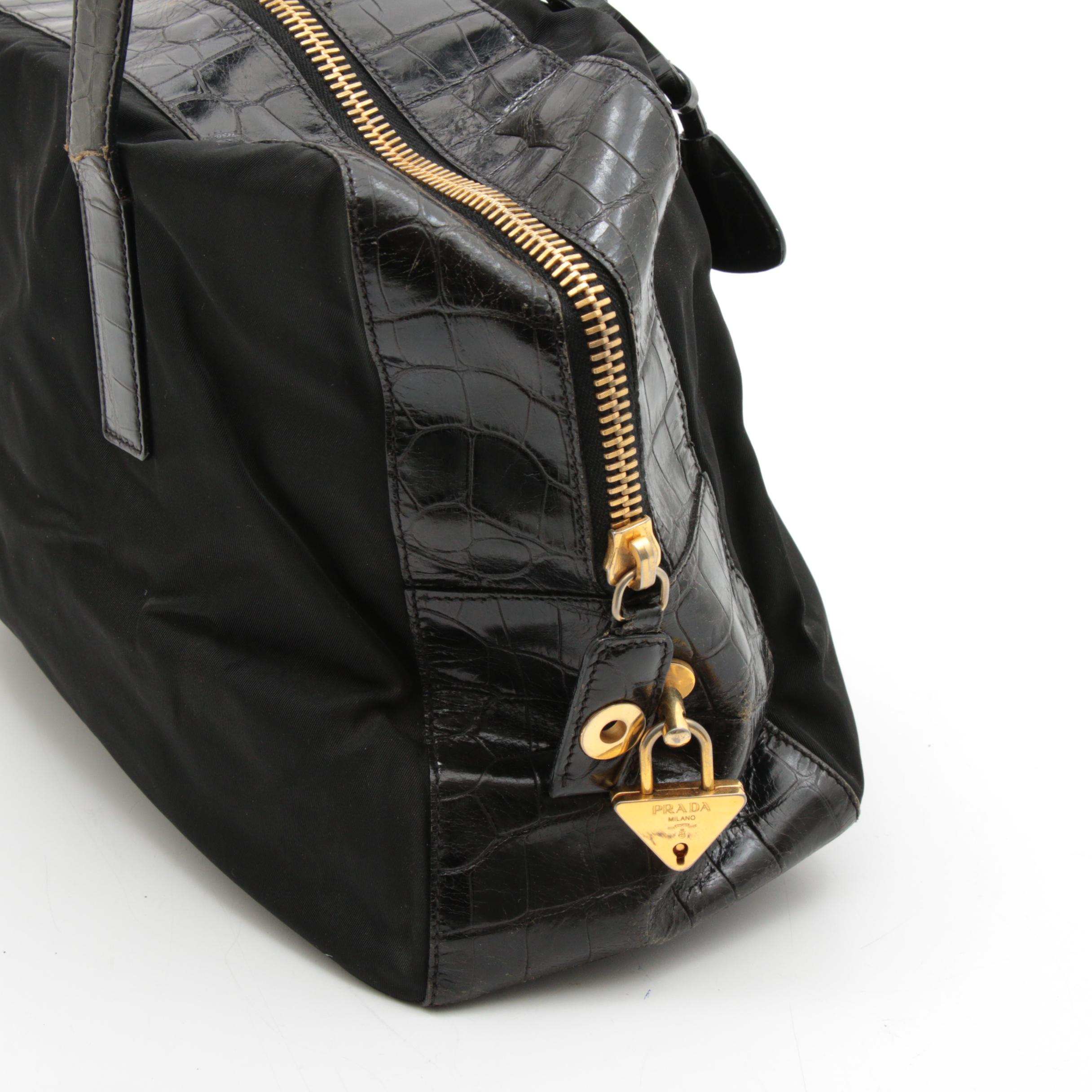 Prada Black Tessuto Nylon and Croc Embossed Leather Top Handle Bag