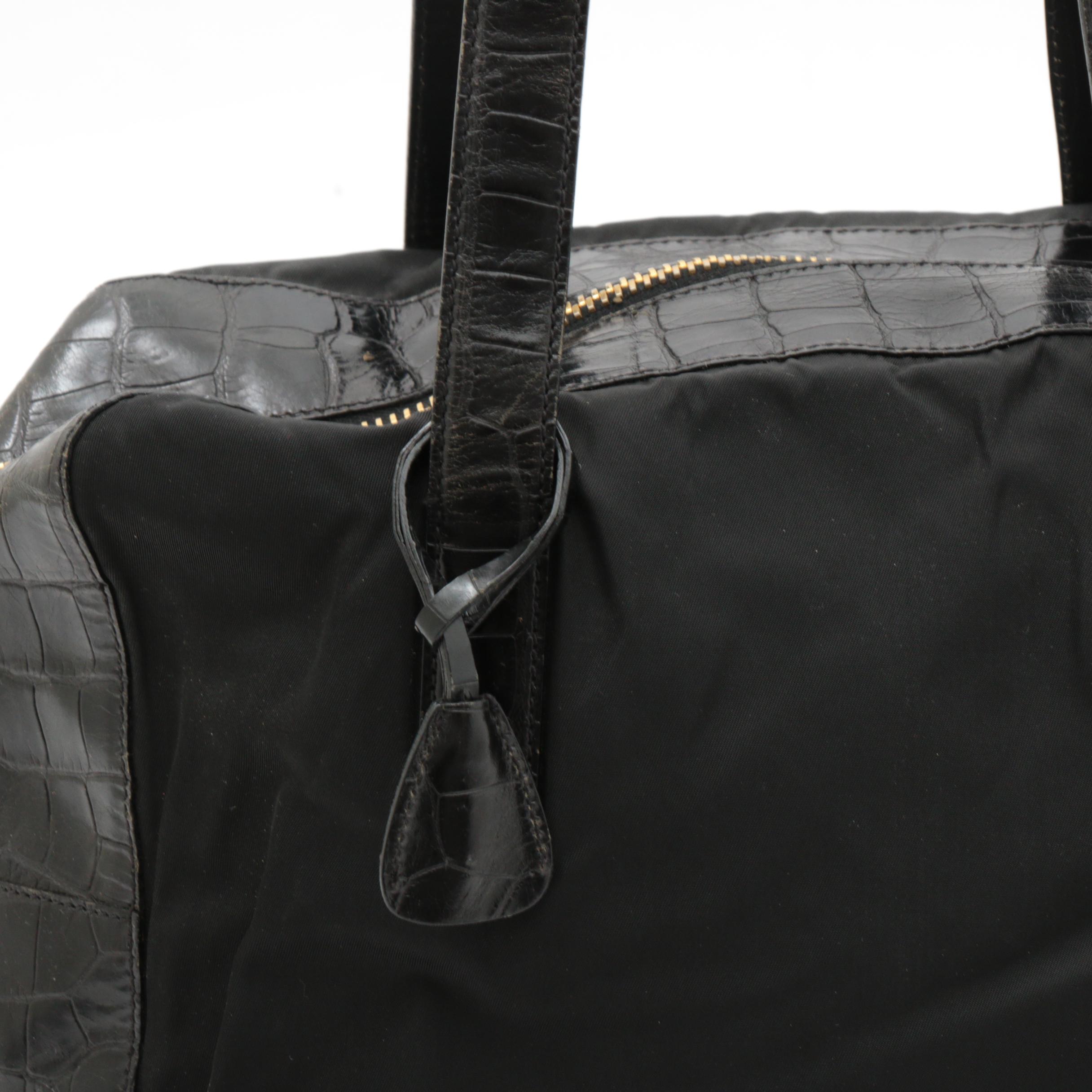 Prada Black Tessuto Nylon and Croc Embossed Leather Top Handle Bag