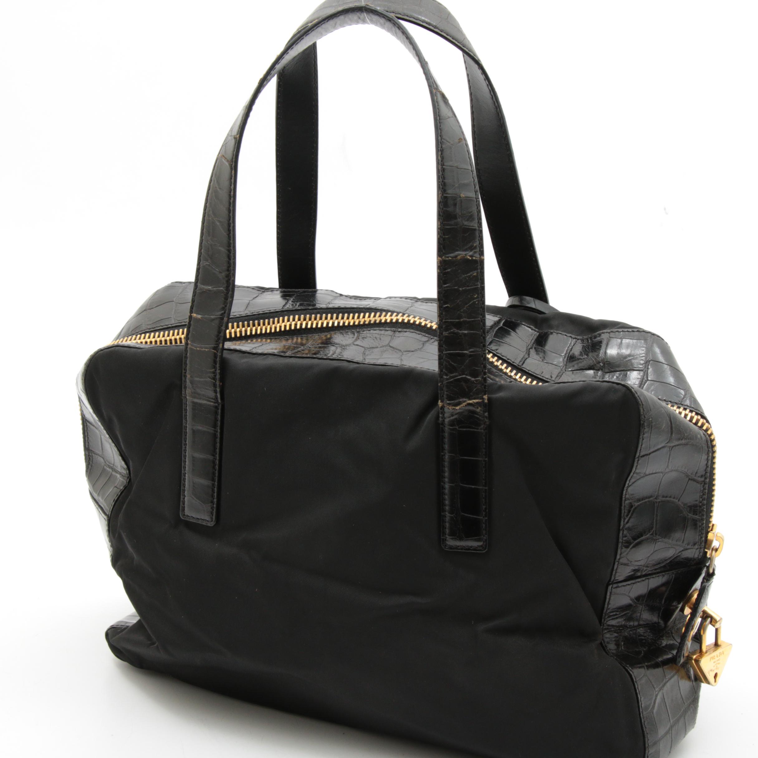 Prada Black Tessuto Nylon and Croc Embossed Leather Top Handle Bag