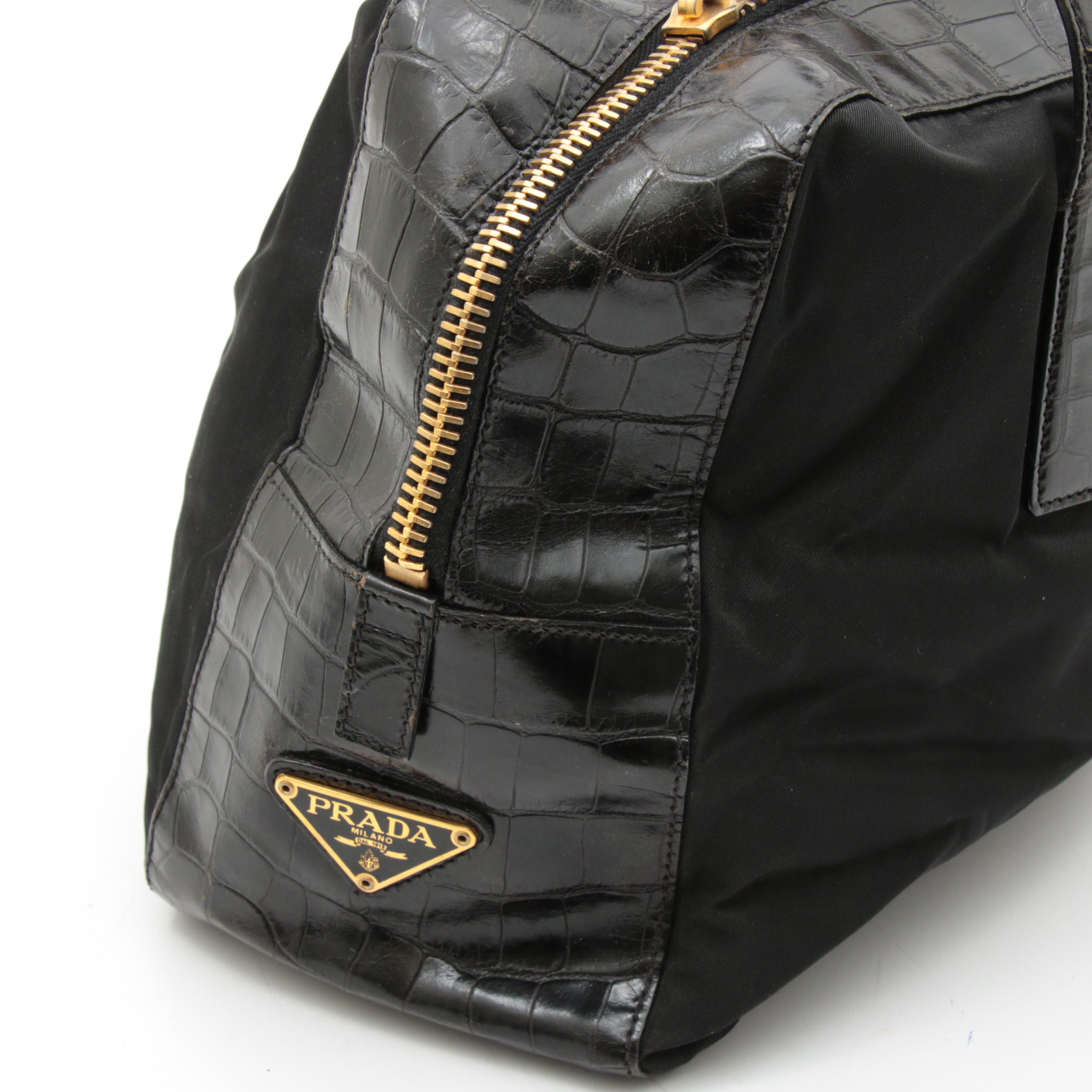 Prada Black Tessuto Nylon and Croc Embossed Leather Top Handle Bag