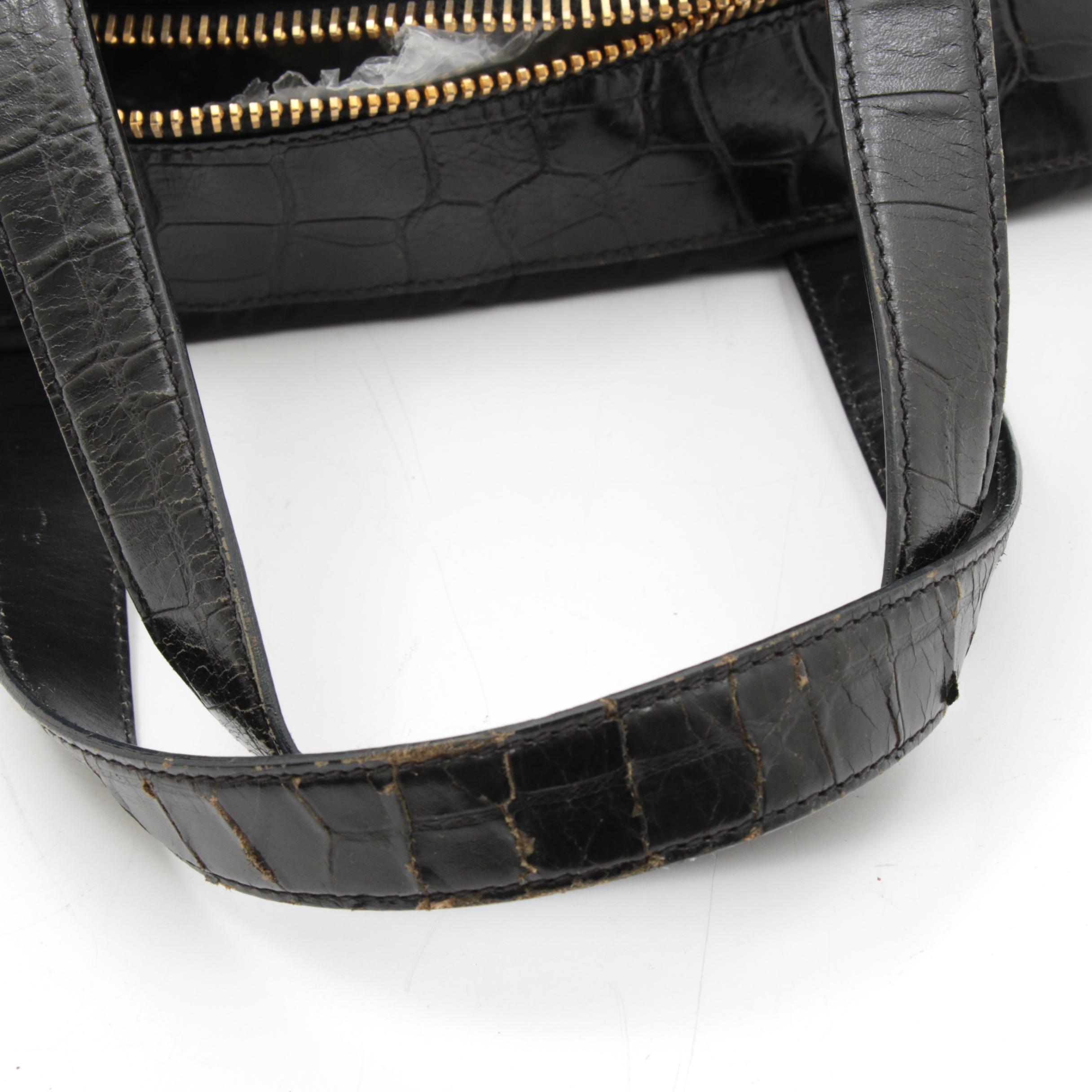 Prada Black Tessuto Nylon and Croc Embossed Leather Top Handle Bag