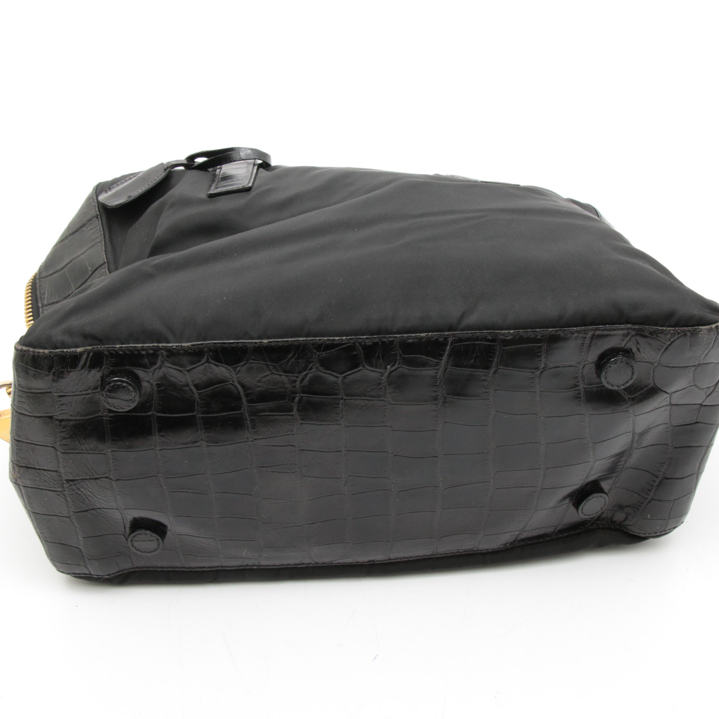 Prada Black Tessuto Nylon and Croc Embossed Leather Top Handle Bag