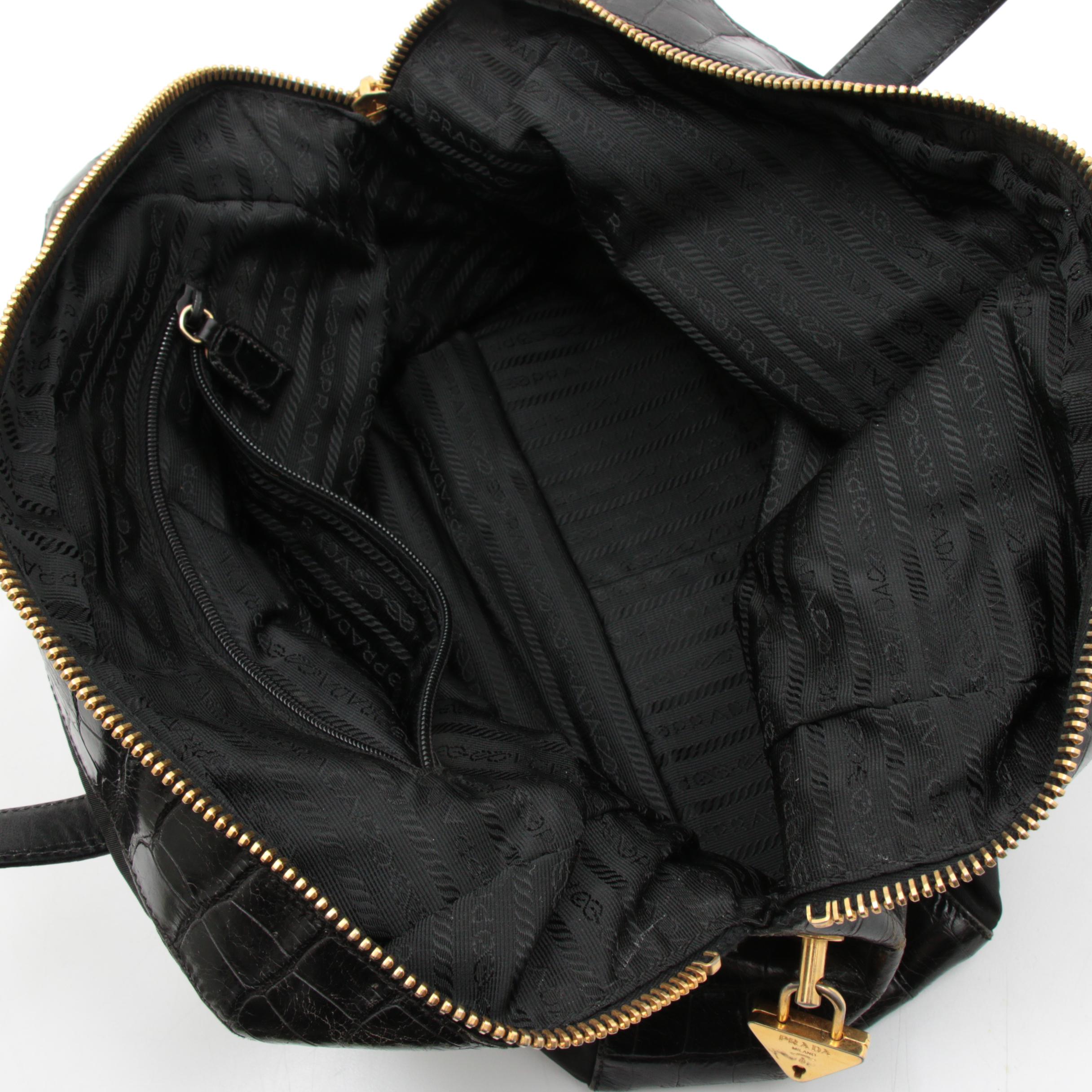 Prada Black Tessuto Nylon and Croc Embossed Leather Top Handle Bag