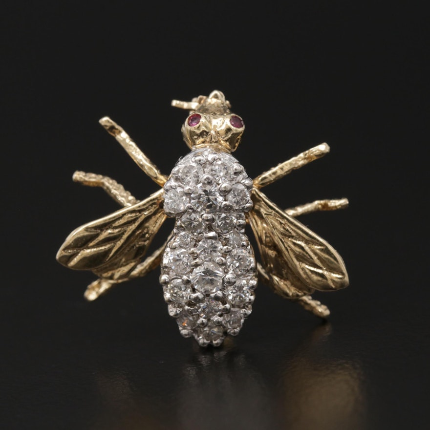14K Yellow Gold Pavé Diamond and Ruby Insect Brooch