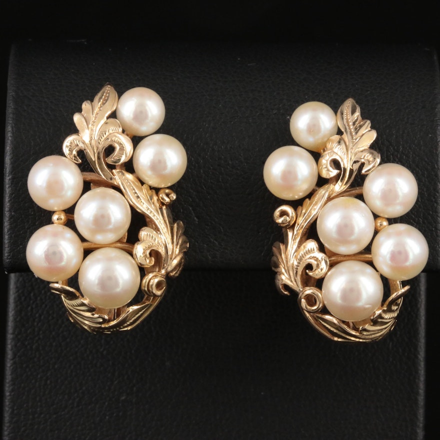 14K Yellow Gold Pearl Scroll Motif Earrings