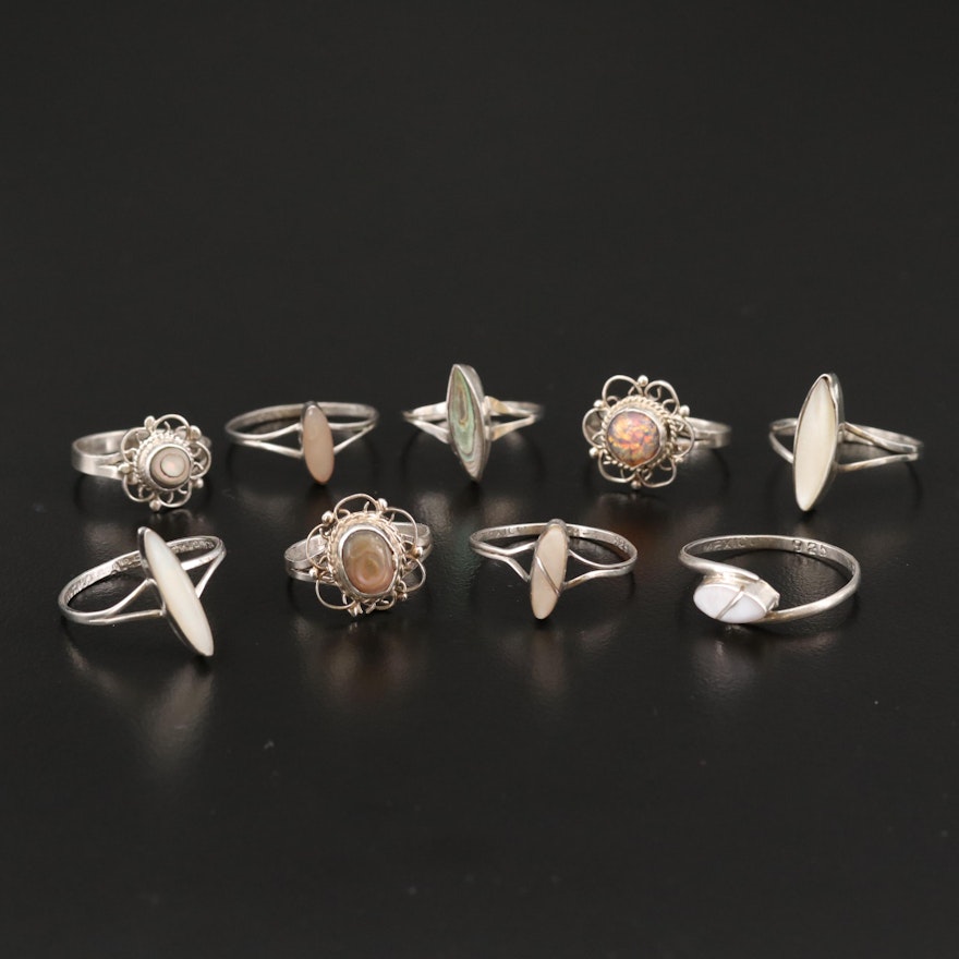 Sterling Silver Ring Selection Featuring Abalone, Mother of Pearl, and Glass