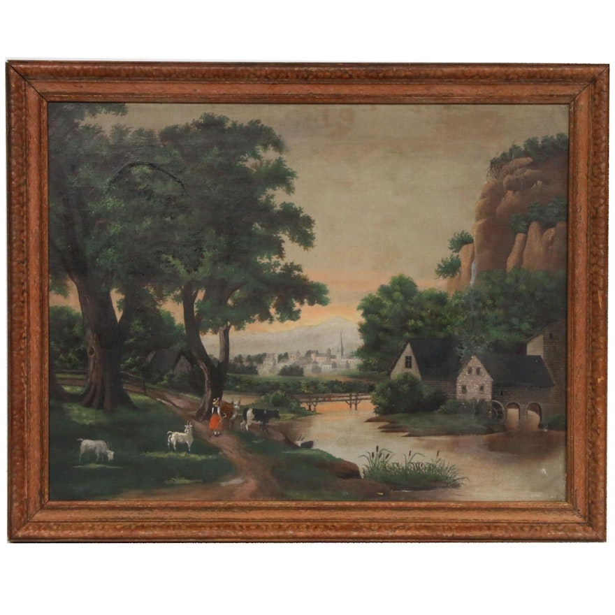 Pastoral Landscape Oil Painting, 19th Century