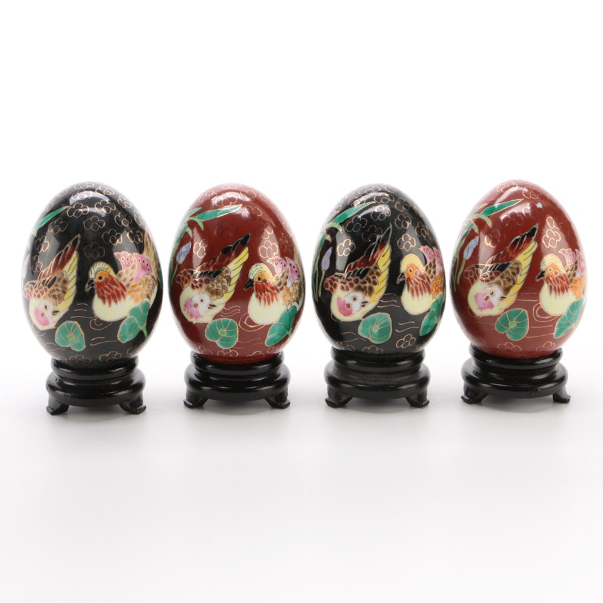 Chinese Chinoiserie Enamelware Decorated Eggs with Stands