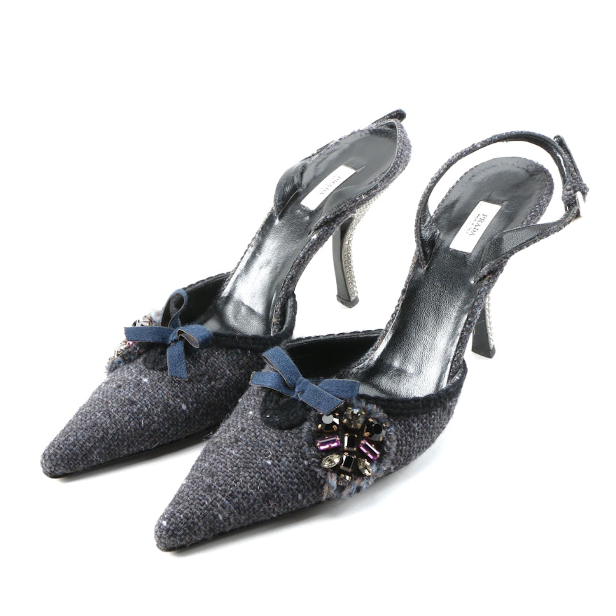 Prada Embellished Tweed Pointed Toe High Heel Slingbacks