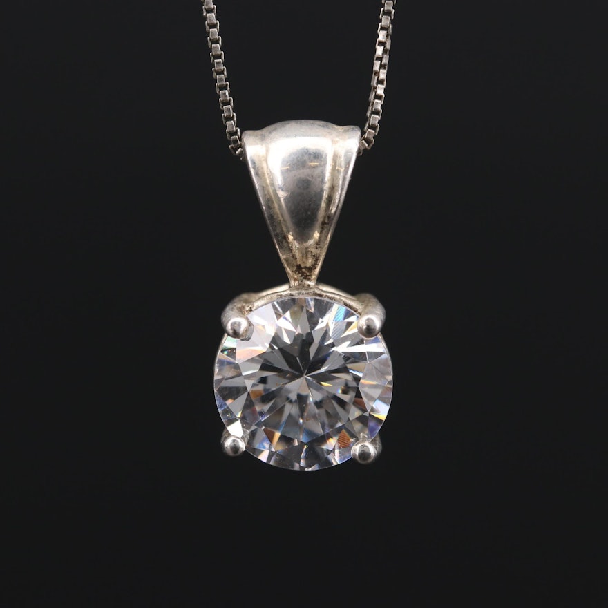 Sterling Silver Cubic Zirconia Pendant on Box Chain