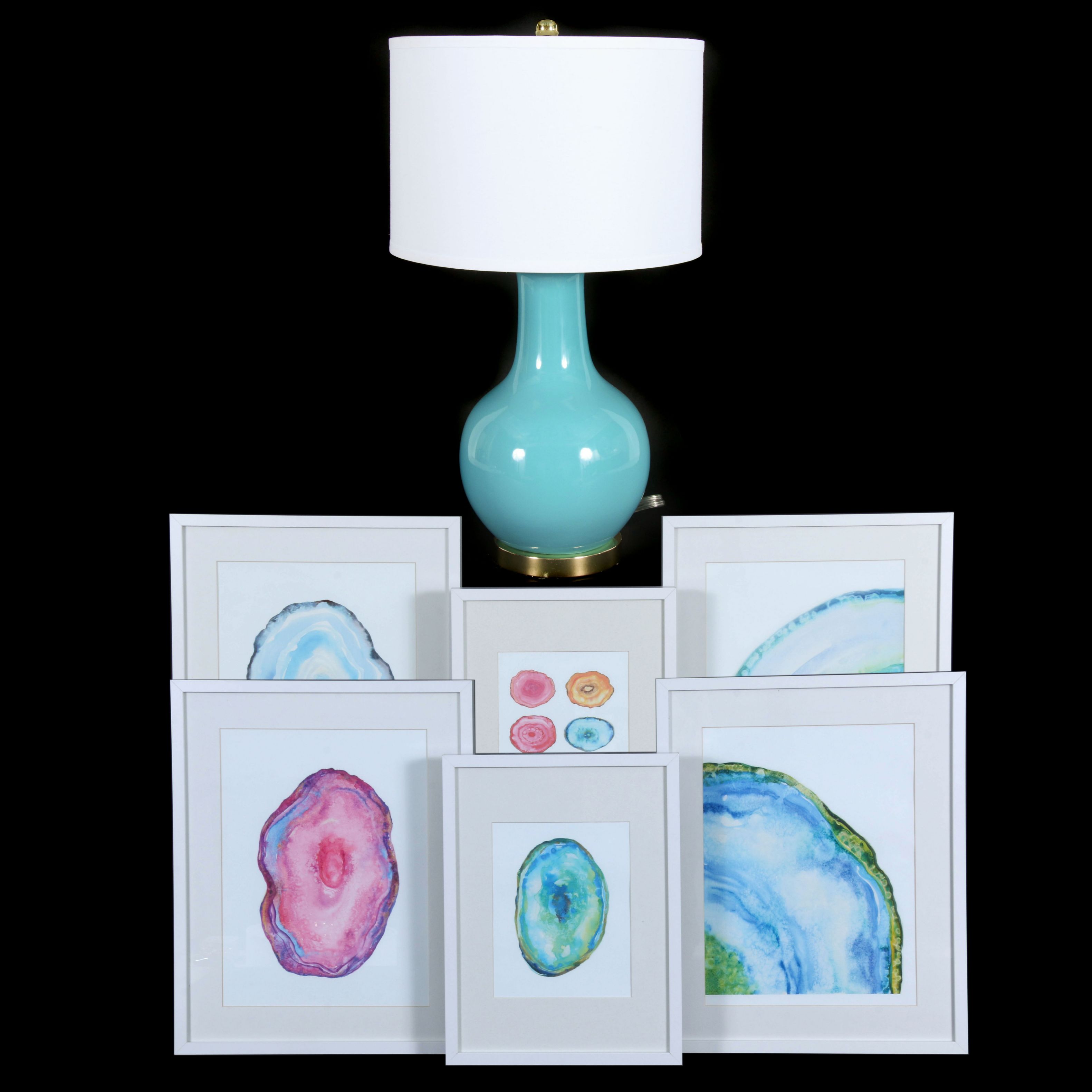 Modern Ceramic Table Lamp and Giclée Prints of Sliced Agates