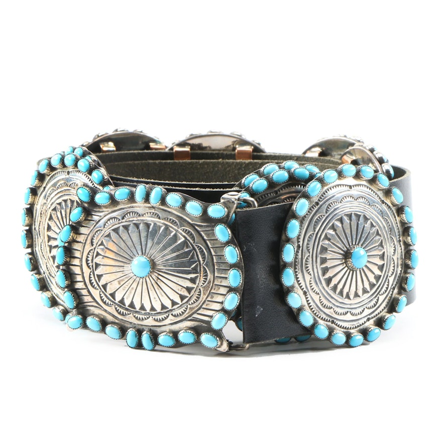 Mabel Kee Navajo Diné Sterling Silver Turquoise and Leather Concho Belt
