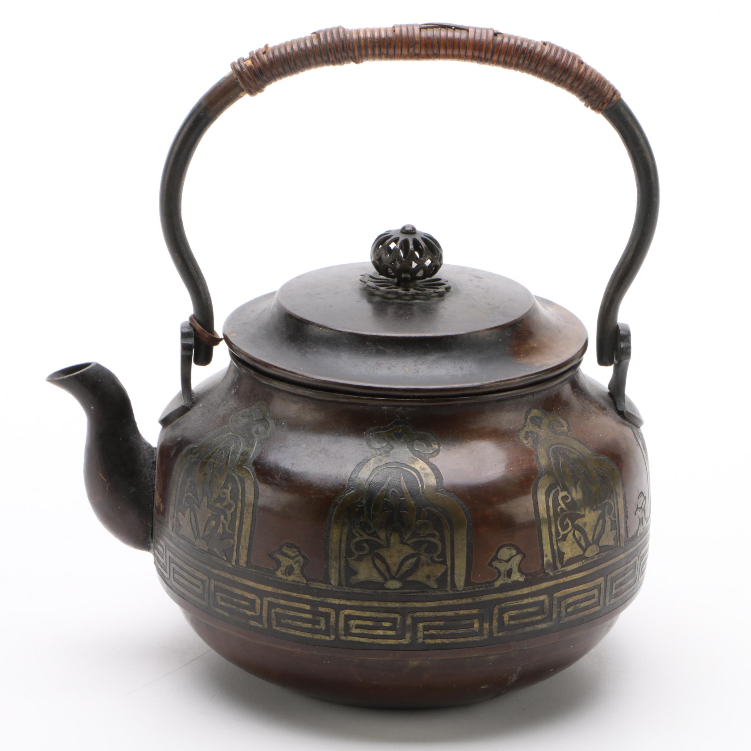 Bronze Tone Teapot With Brass Inlay and Reed Wrapped Handle