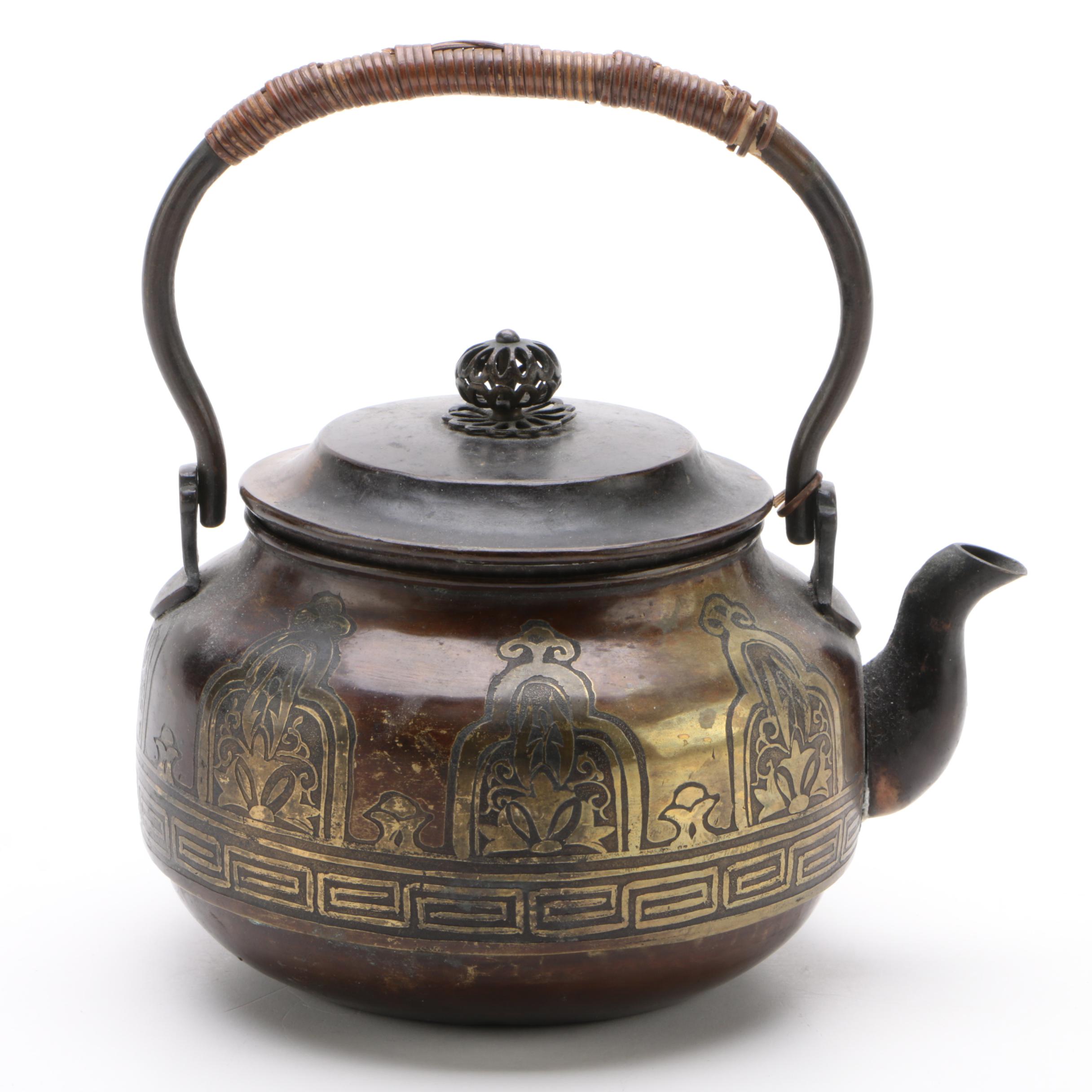 Bronze Tone Teapot With Brass Inlay and Reed Wrapped Handle