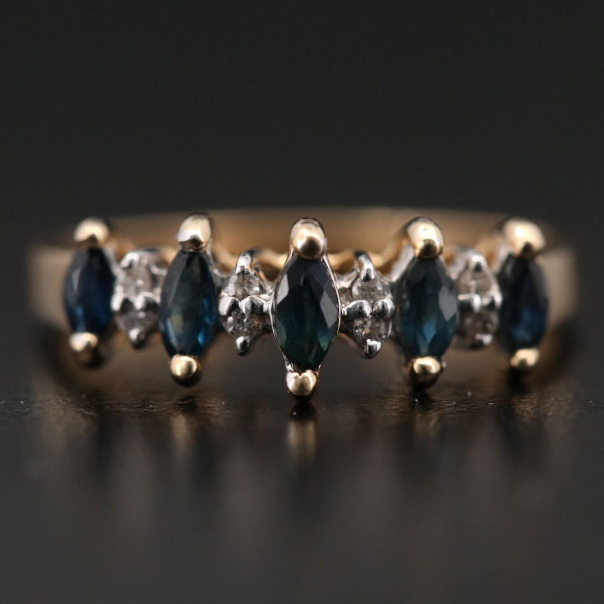 14K Yellow Gold Blue Sapphire and Diamond Ring