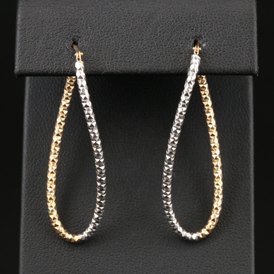 14K Yellow and White Gold Elongated Hoop Earrings