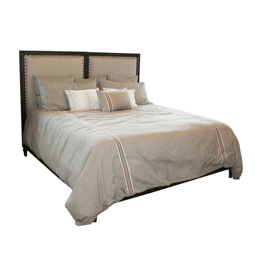 Linen Upholstered Kind Size Headboard with Englebrook Southbrook Firm Mattress