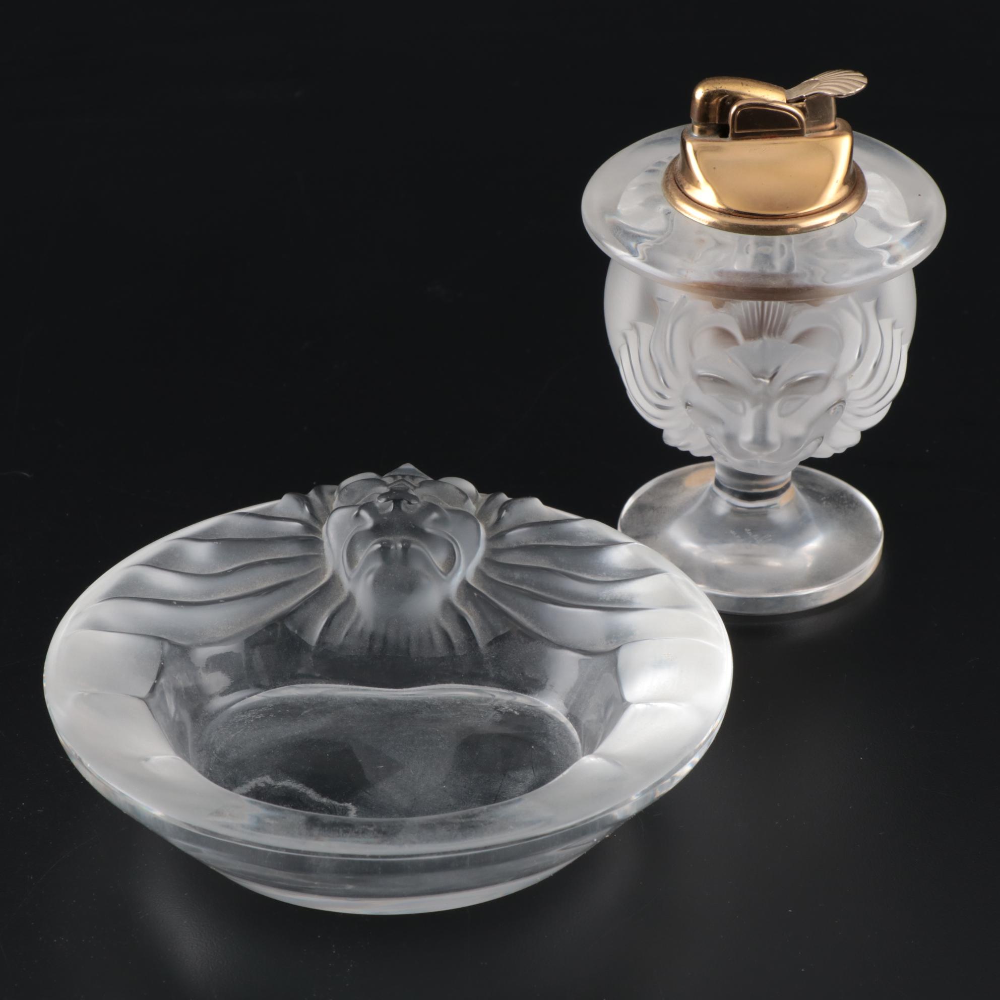 Lalique "Tête de Lion" Frosted Crystal Ashtray and Table Lighter
