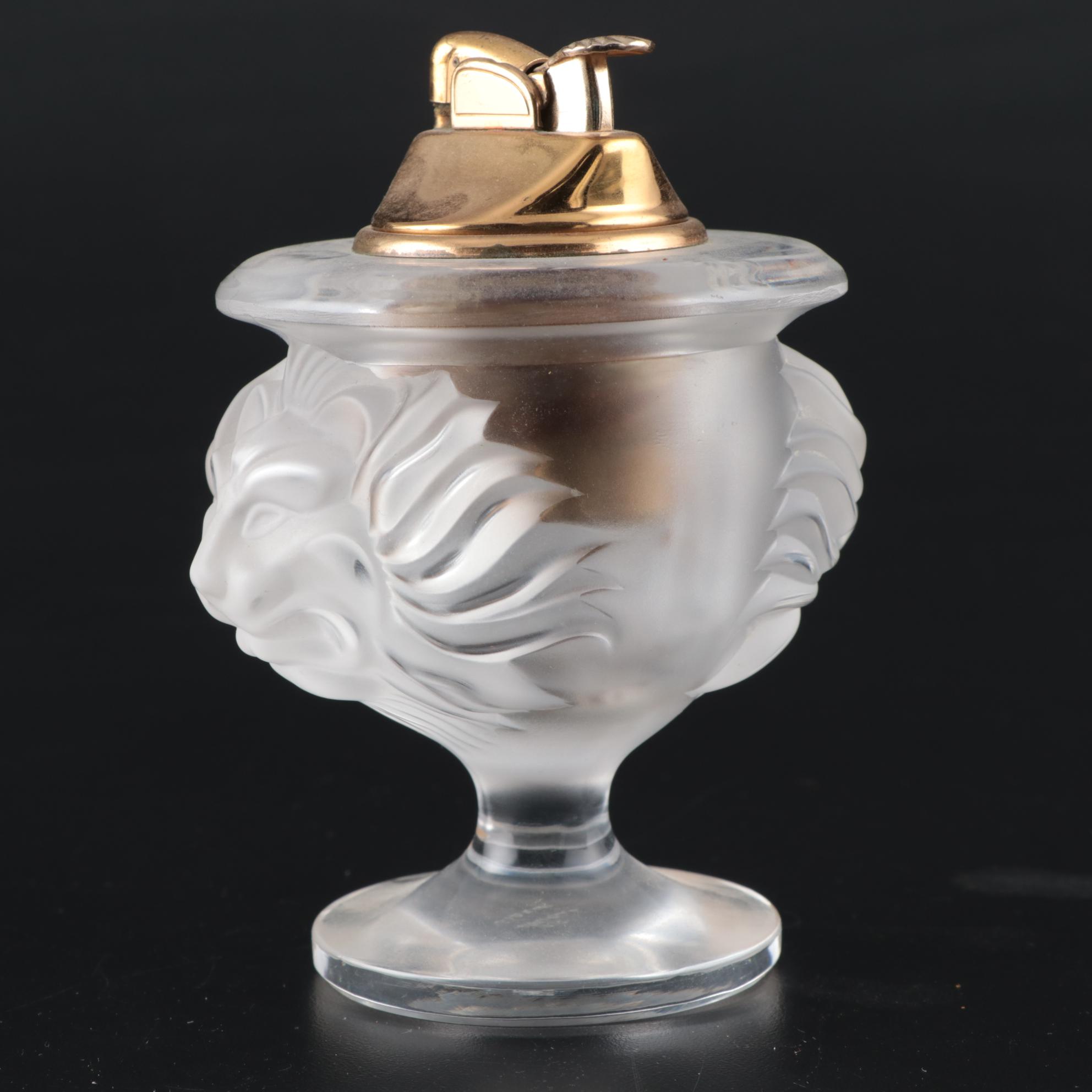 Lalique "Tête de Lion" Frosted Crystal Ashtray and Table Lighter