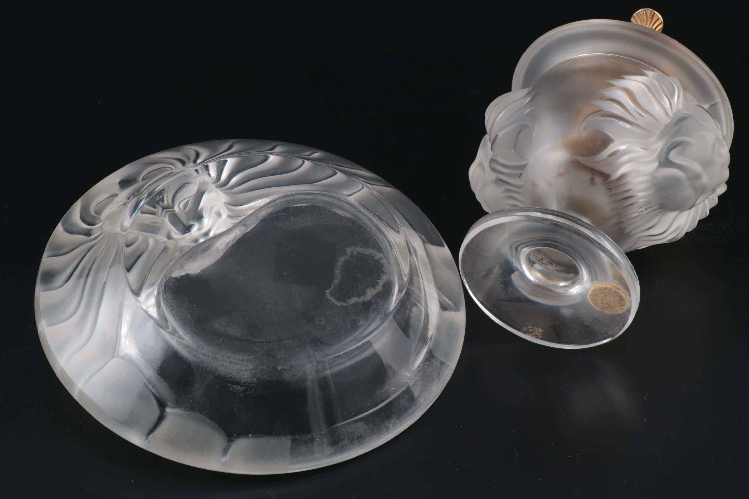 Lalique "Tête de Lion" Frosted Crystal Ashtray and Table Lighter