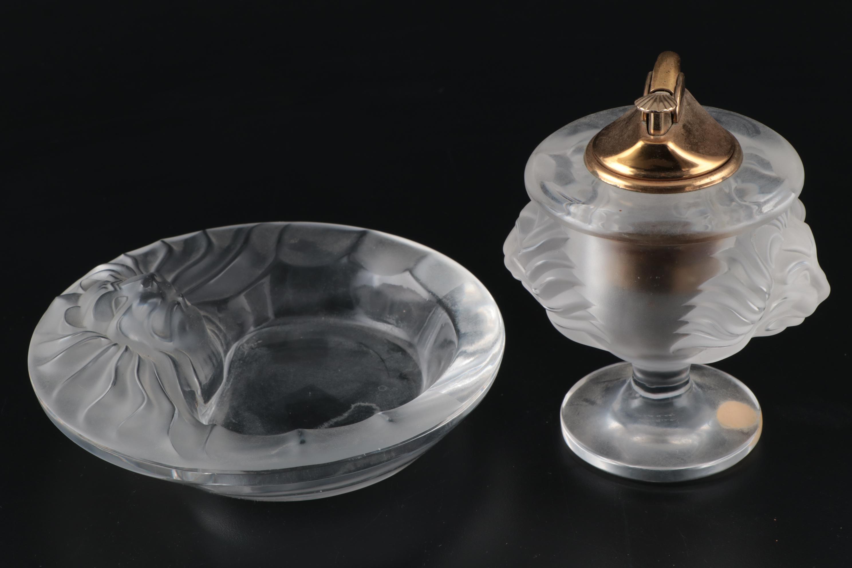 Lalique "Tête de Lion" Frosted Crystal Ashtray and Table Lighter