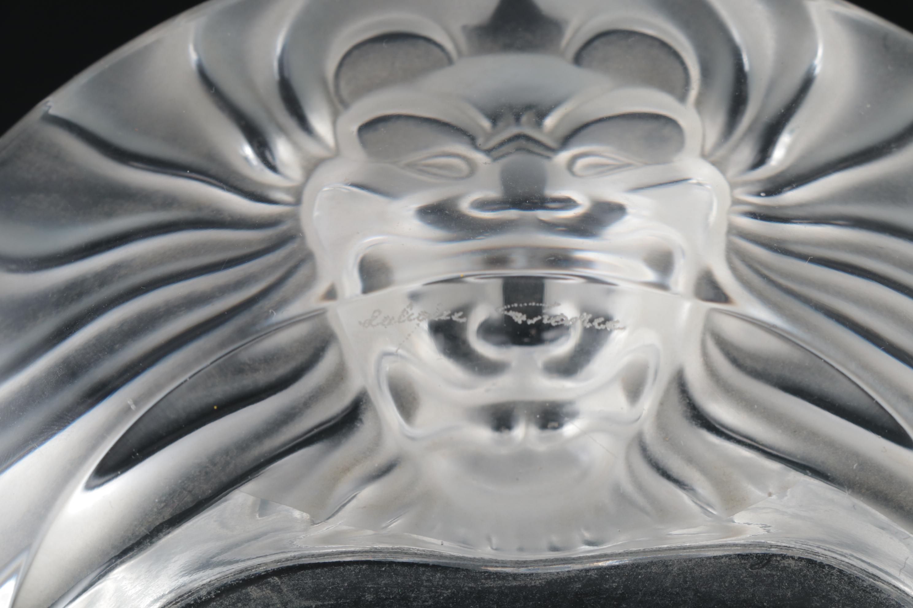 Lalique "Tête de Lion" Frosted Crystal Ashtray and Table Lighter