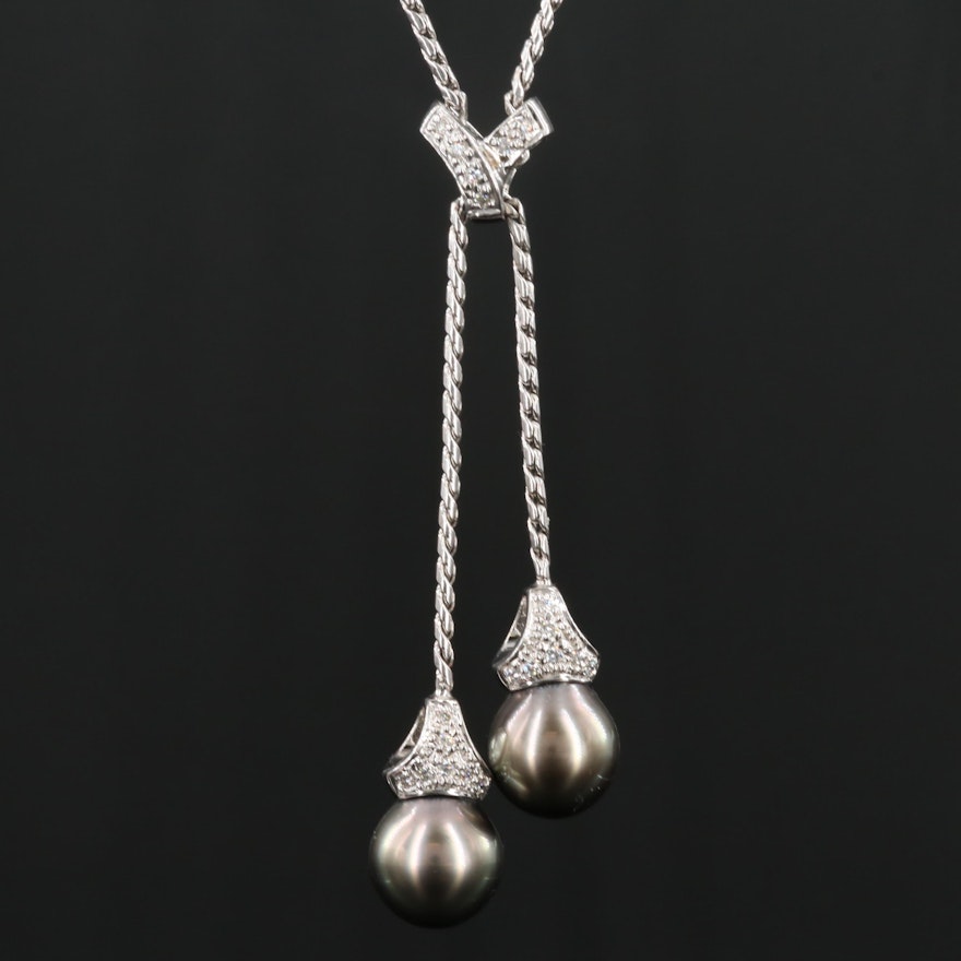 14K White Gold Pearl and Diamond Lariat Necklace