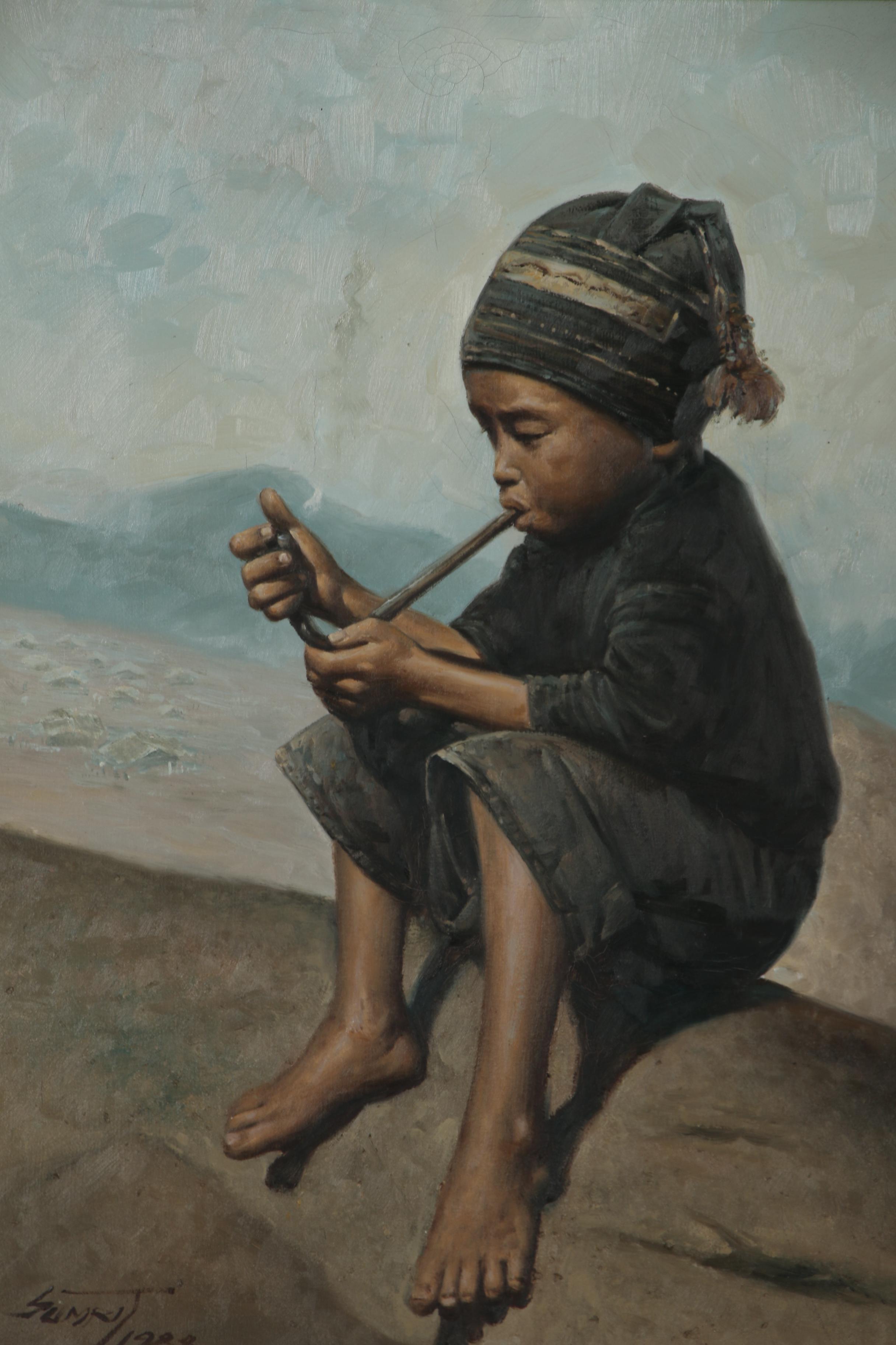 Oil Painting of Young Boy Smoking Pipe, 1988