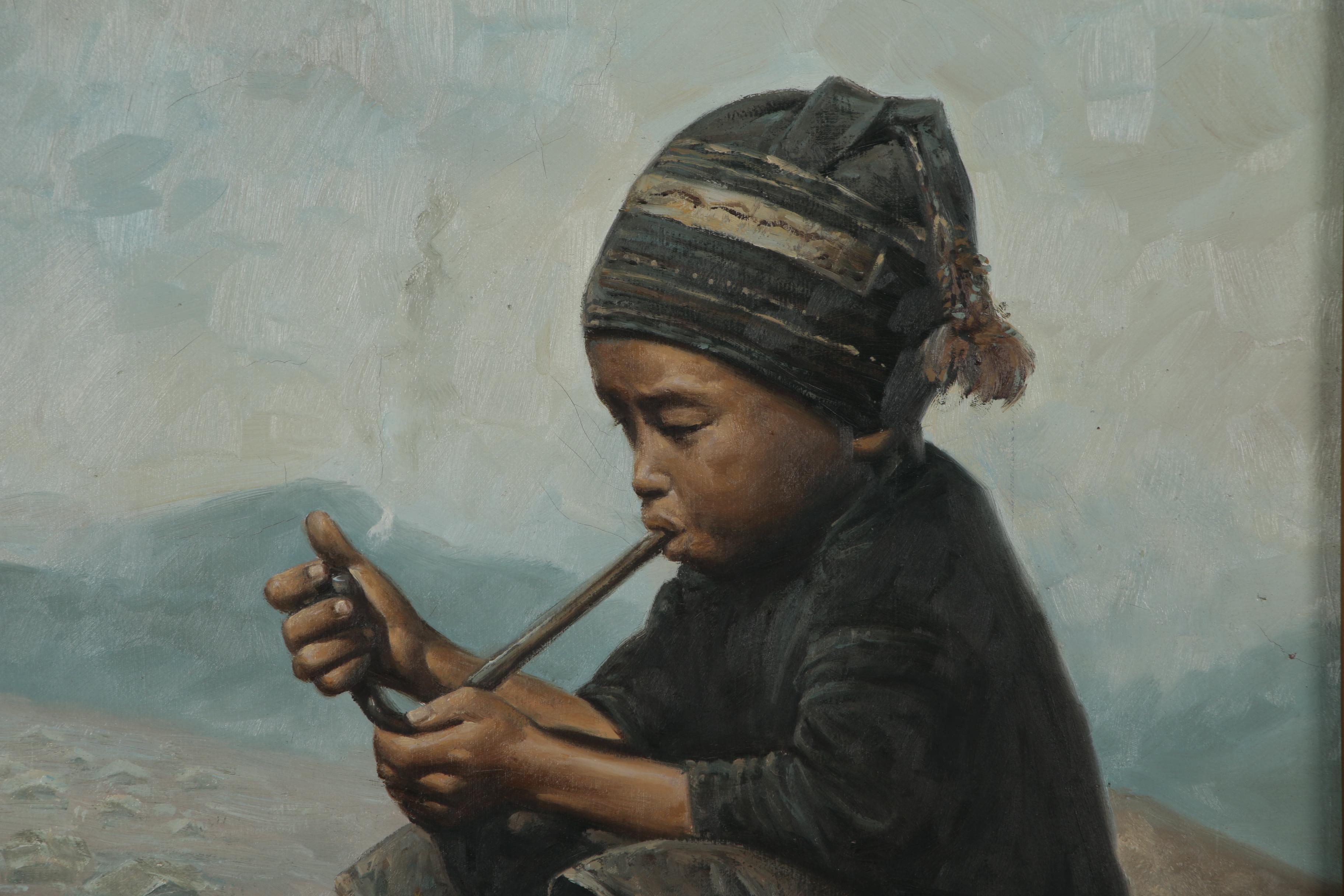 Oil Painting of Young Boy Smoking Pipe, 1988