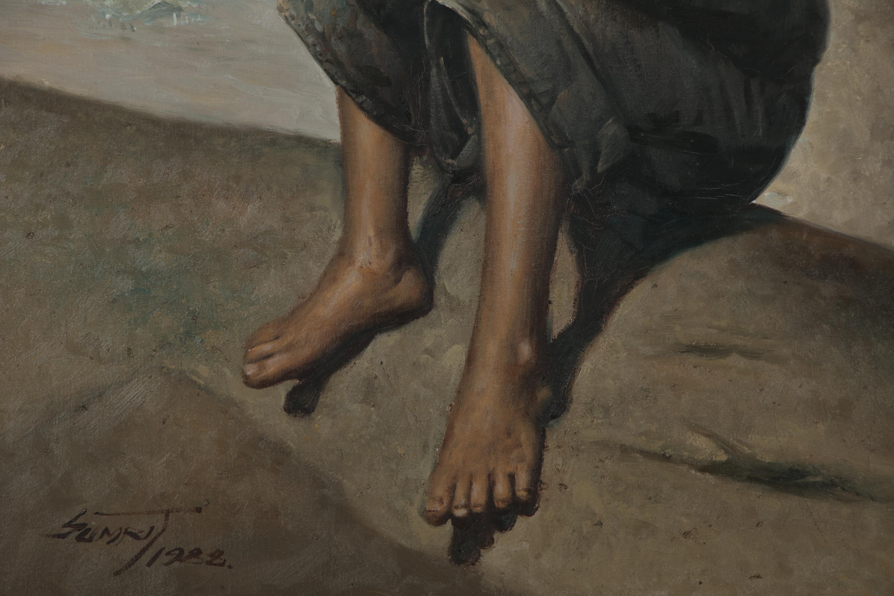 Oil Painting of Young Boy Smoking Pipe, 1988