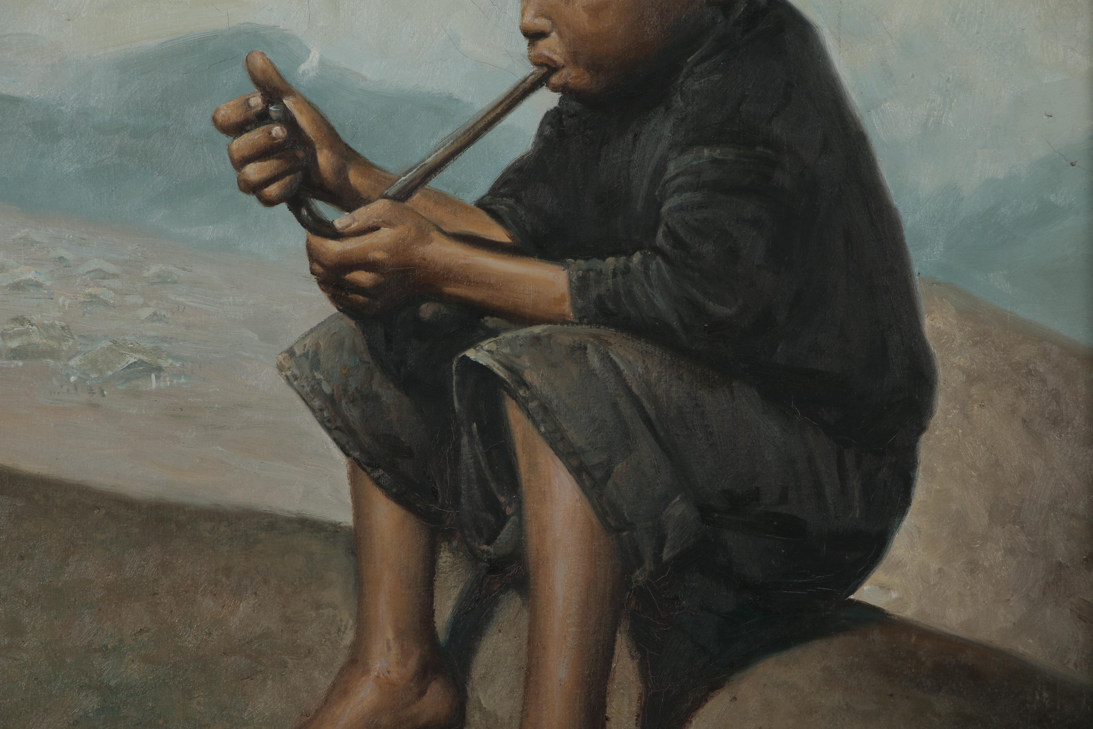 Oil Painting of Young Boy Smoking Pipe, 1988