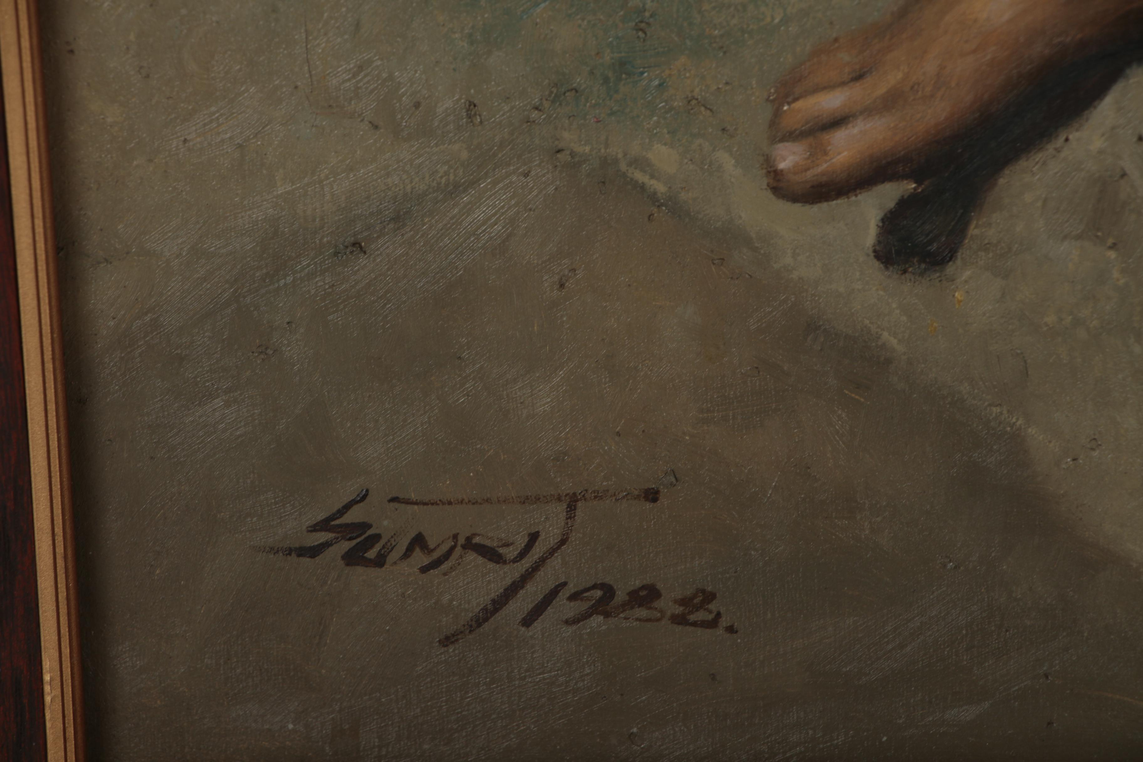 Oil Painting of Young Boy Smoking Pipe, 1988