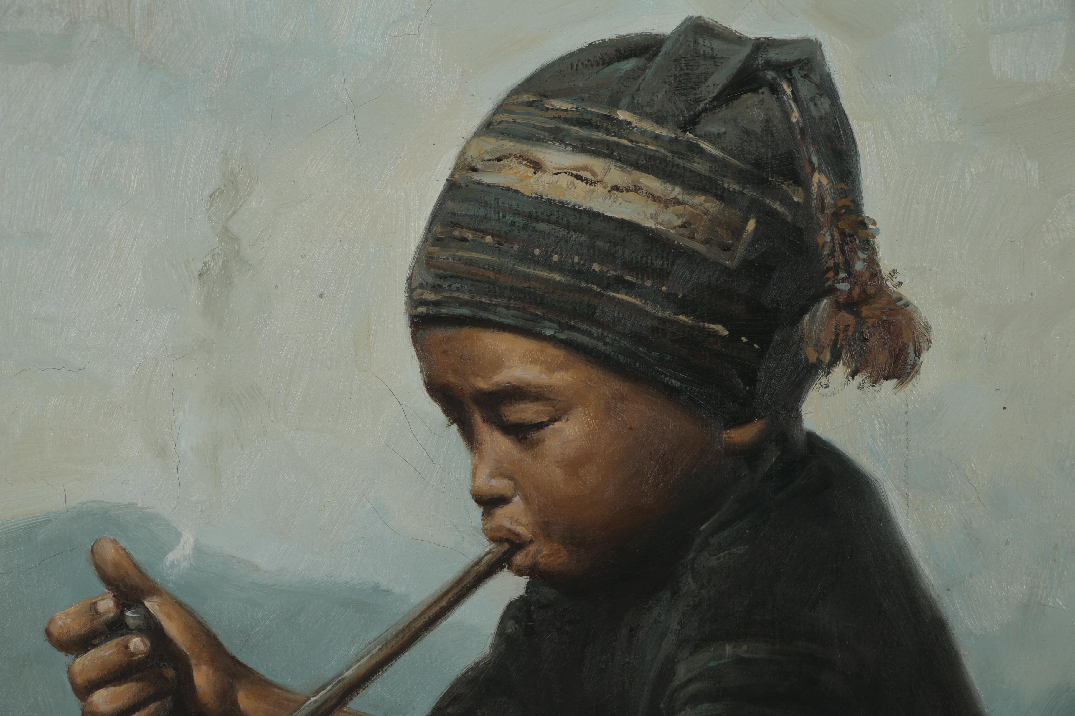 Oil Painting of Young Boy Smoking Pipe, 1988