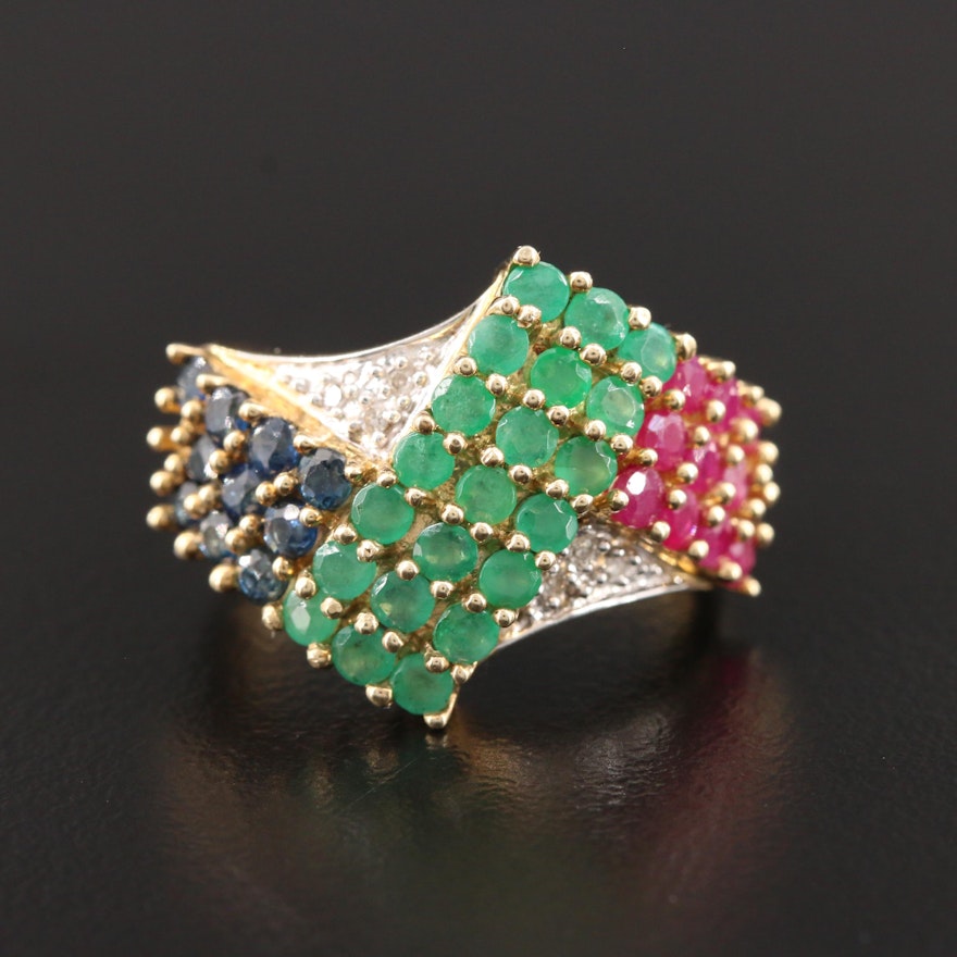 10K Yellow Gold Sapphire, Ruby, Emerald and Diamond Ring