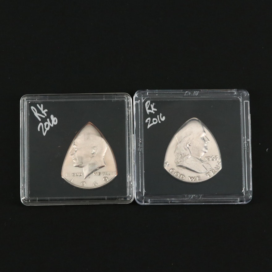 Two Custom Guitar Picks Created from U.S. Silver Half Dollars