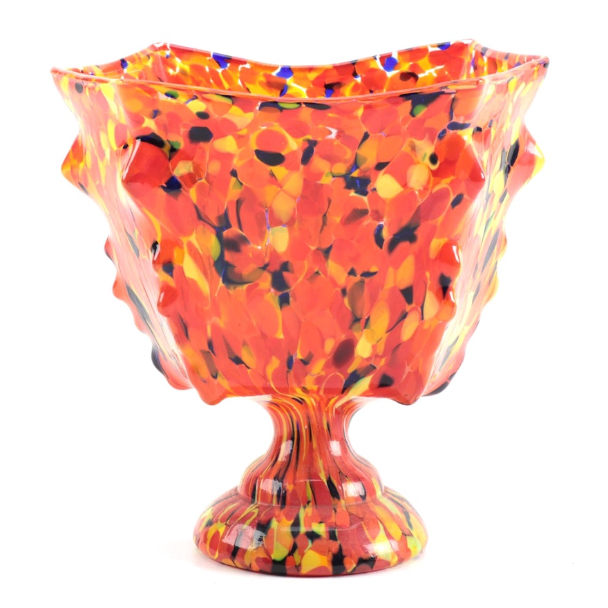 Czechoslovakian Hand Blown Spatter Glass Footed Vase, Early 20th Century