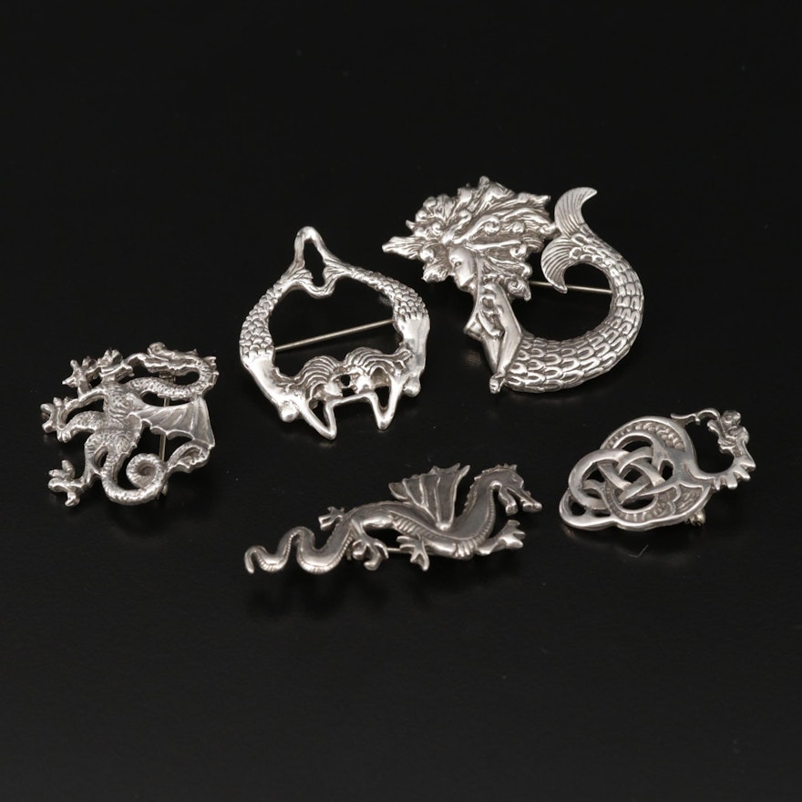Sterling Silver Fantasy Theme Brooches with Dragons and Mermaids