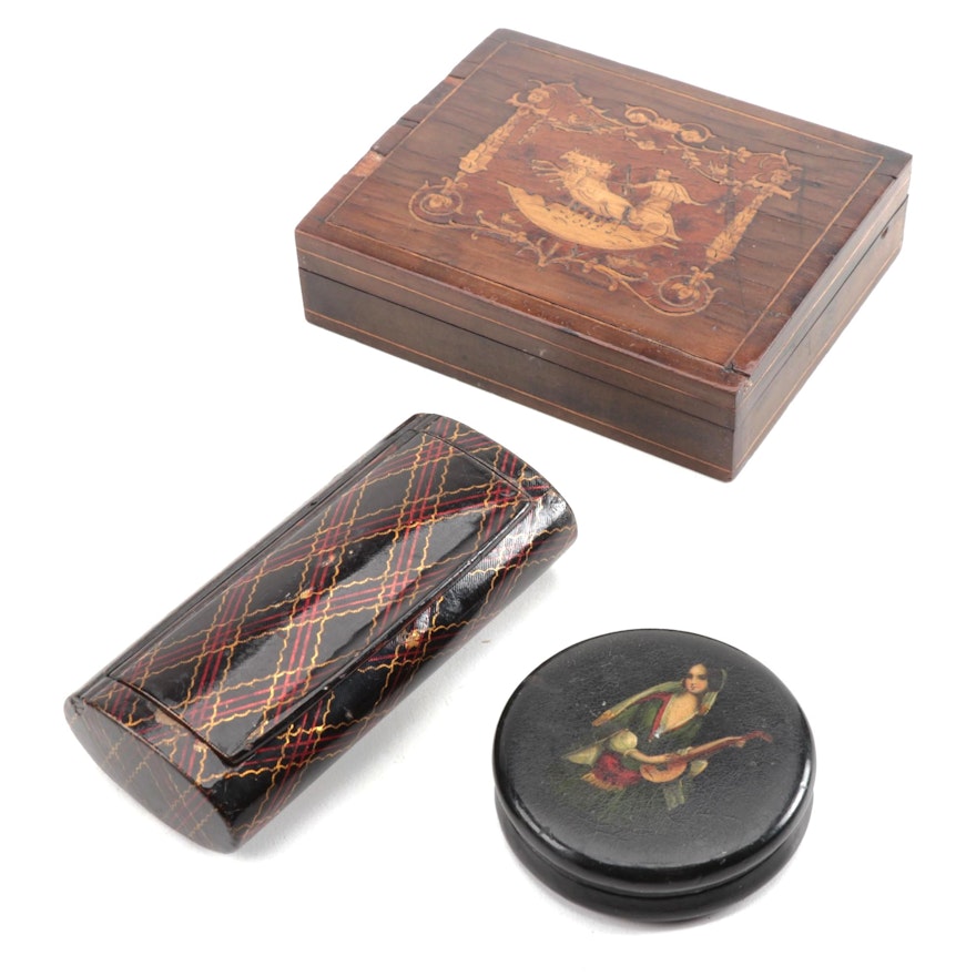 Continental Marquetry Divided Cigarette Box and Lacquered Snuff Boxes, 19th C.