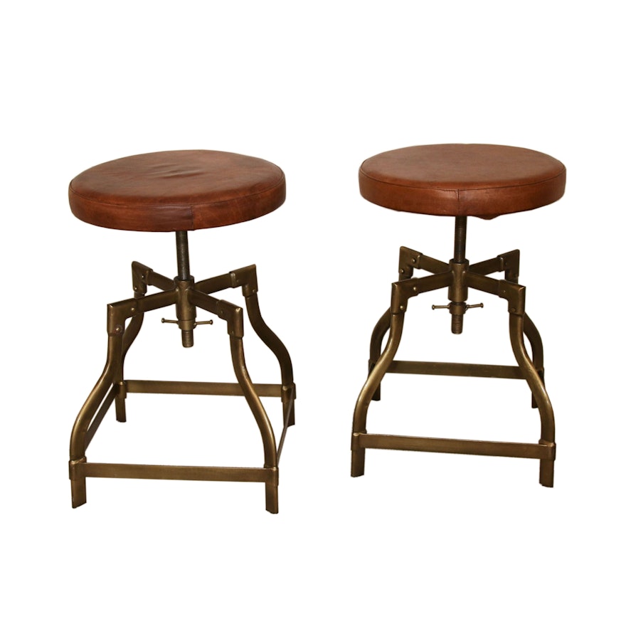 Adjustable Bar Stools with Saddle Leather Seats and Brass Frames