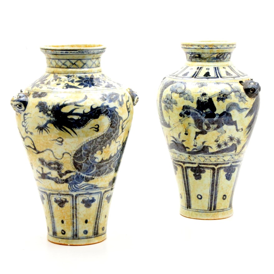 Chinese Dragon and Warrior Hand-Painted Floor Vases with Guardian Lion Handles