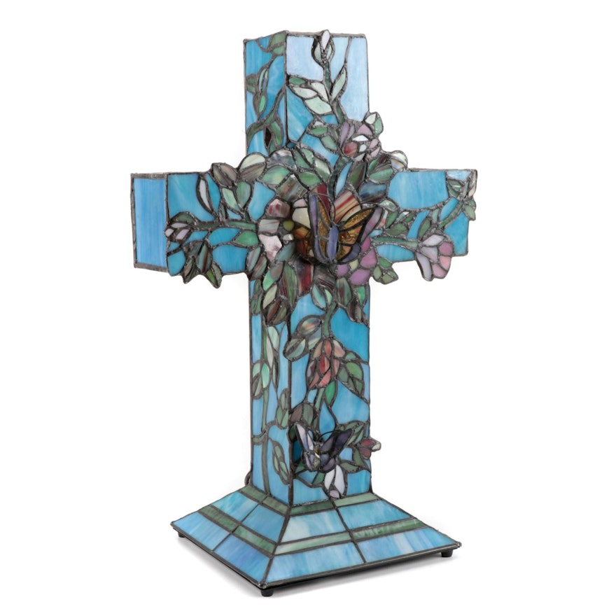 Art Nouveau Style Slag Glass Cross Table Lamp