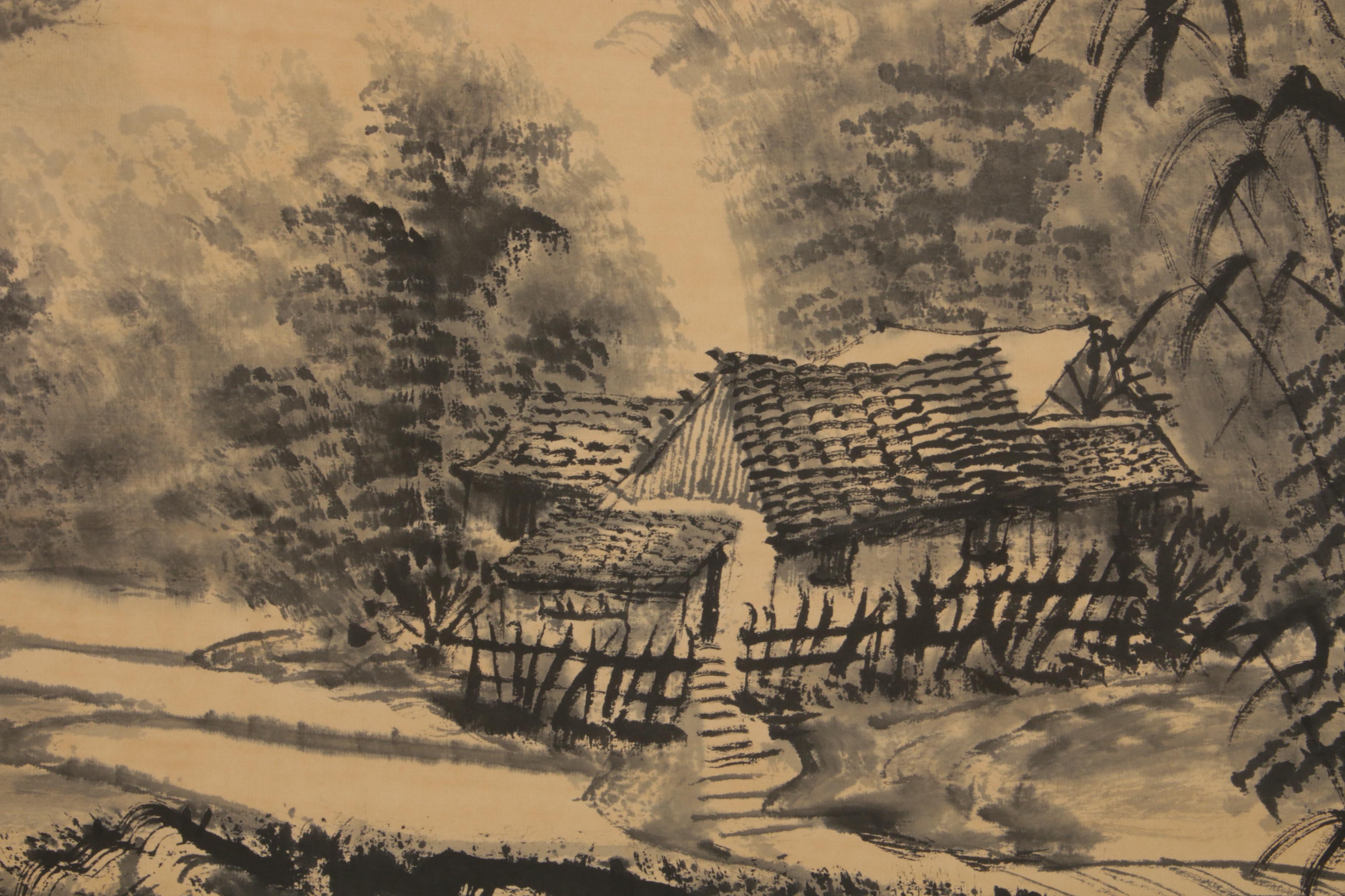 Chinese Landscape Ink Wash Painting on Hanging Scroll
