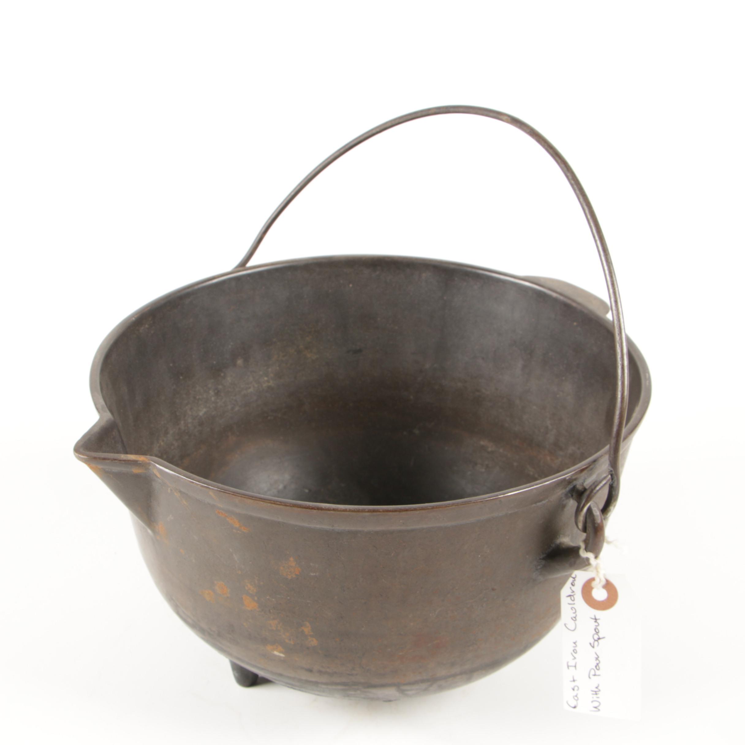 Footed Cast Iron Handled Cauldron with Pour Spout