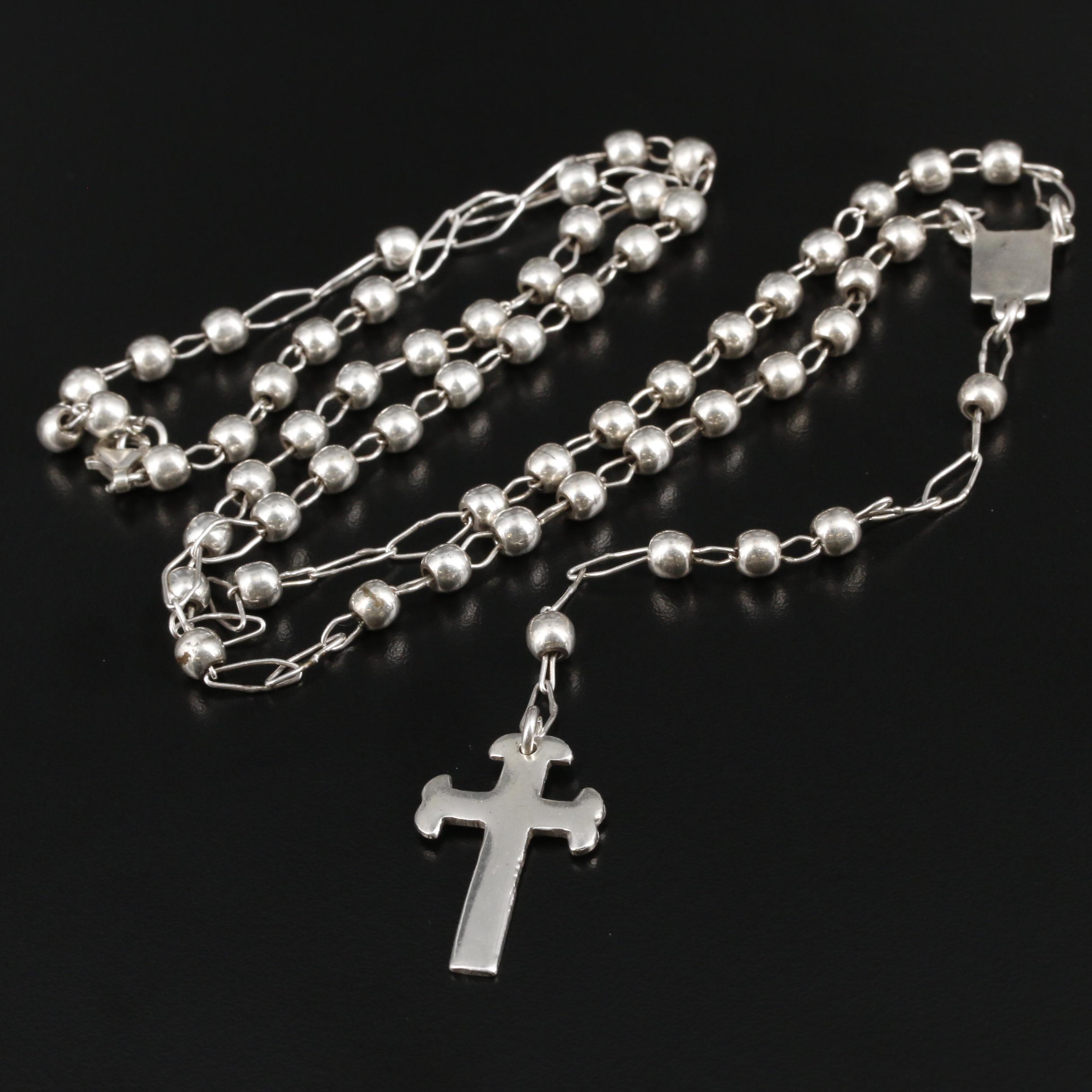 Mexican Sterling Silver Cross Rosary Bead Necklace